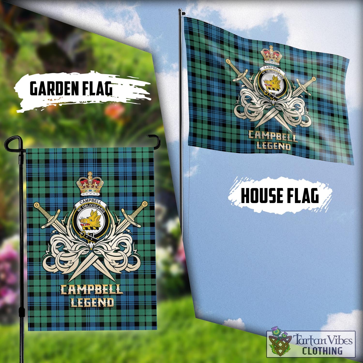 Tartan Vibes Clothing Campbell Ancient 01 Tartan Flag with Clan Crest and the Golden Sword of Courageous Legacy