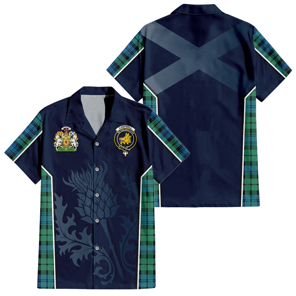 Tartan Vibes Clothing Campbell Ancient 01 Tartan Short Sleeve Button Up Shirt with Family Crest and Scottish Thistle Vibes Sport Style