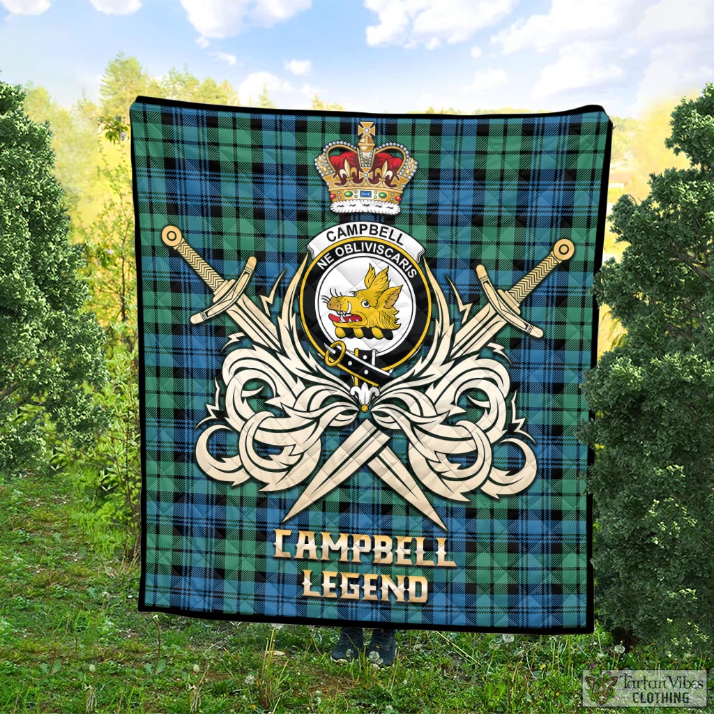 Tartan Vibes Clothing Campbell Ancient 01 Tartan Quilt with Clan Crest and the Golden Sword of Courageous Legacy