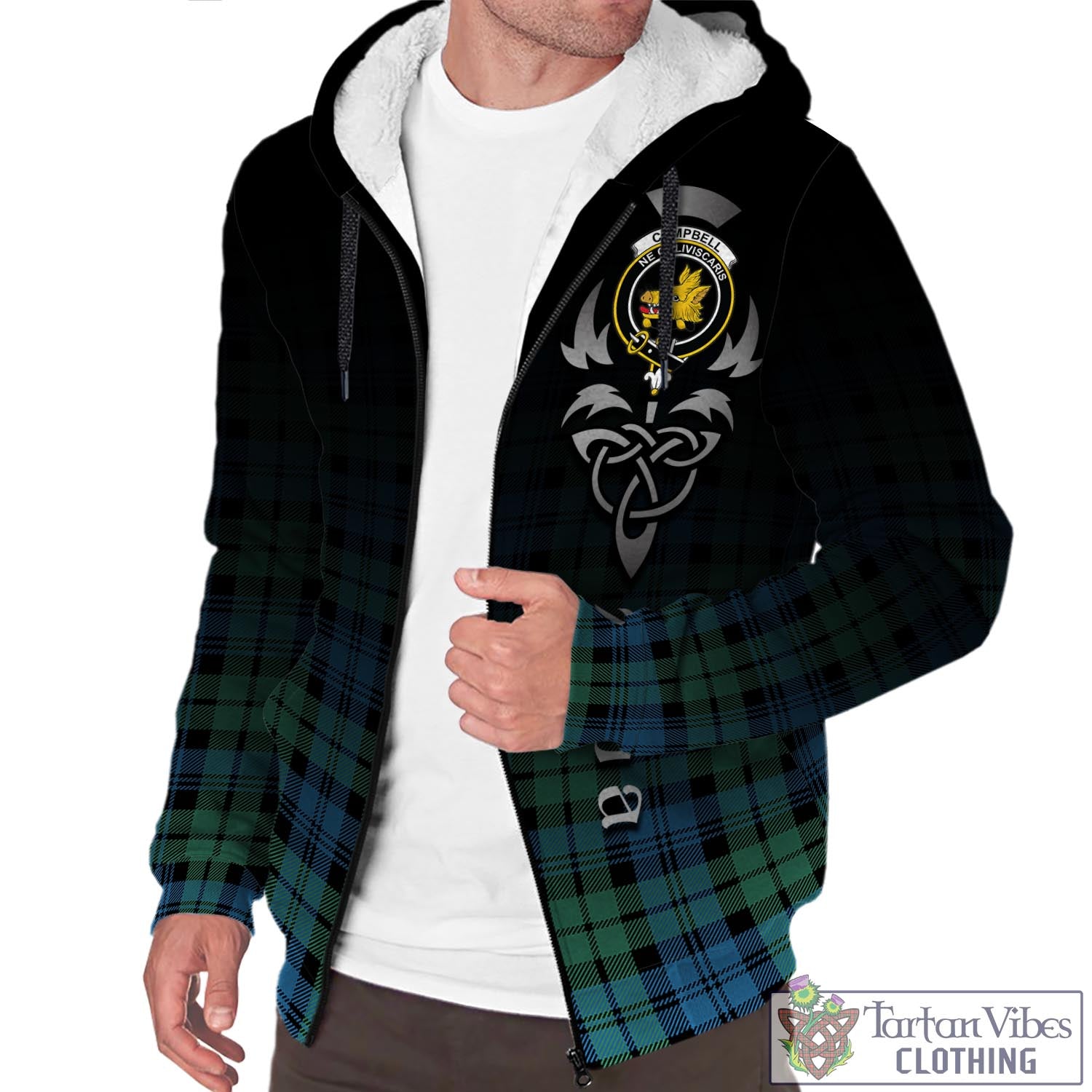 Tartan Vibes Clothing Campbell Ancient 01 Tartan Sherpa Hoodie Featuring Alba Gu Brath Family Crest Celtic Inspired