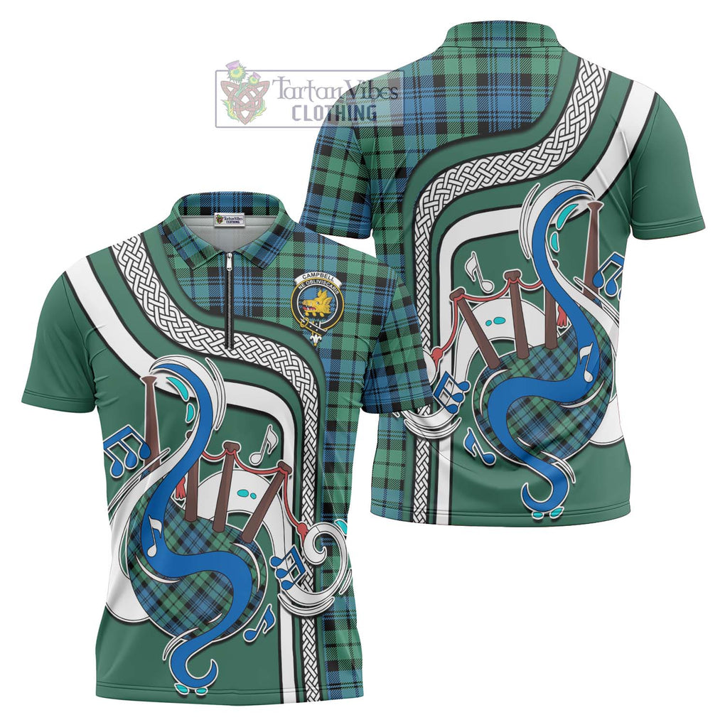 Campbell Ancient 01 Tartan Zipper Polo Shirt with Epic Bagpipe Style Unisex - Tartanvibesclothing Shop