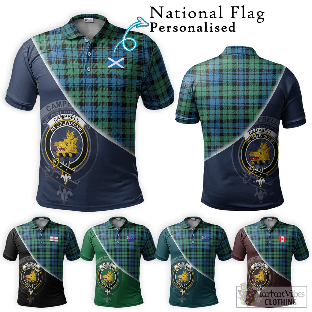 Campbell Ancient 01 Tartan Polo Shirt with Personalised National Flag and Family Crest Half Style Maroon - Tartanvibesclothing Shop