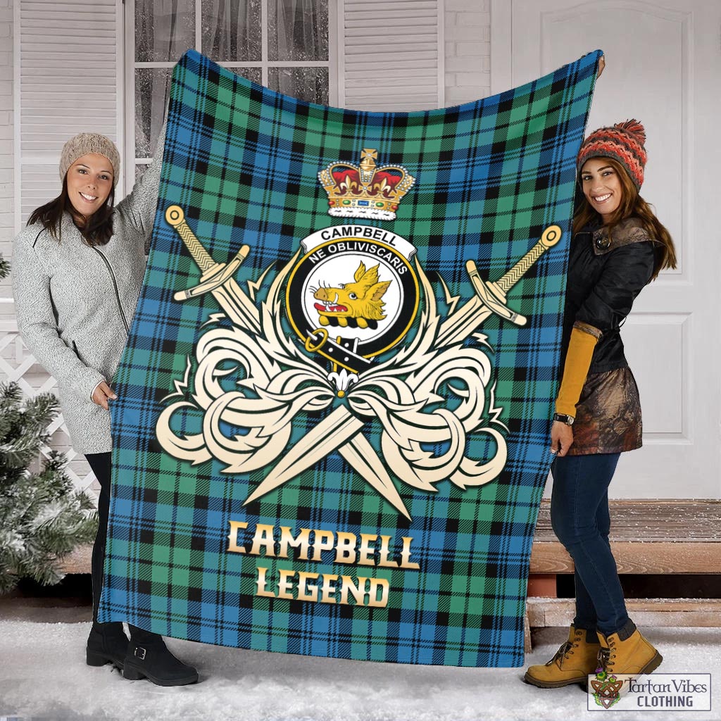 Tartan Vibes Clothing Campbell Ancient 01 Tartan Blanket with Clan Crest and the Golden Sword of Courageous Legacy