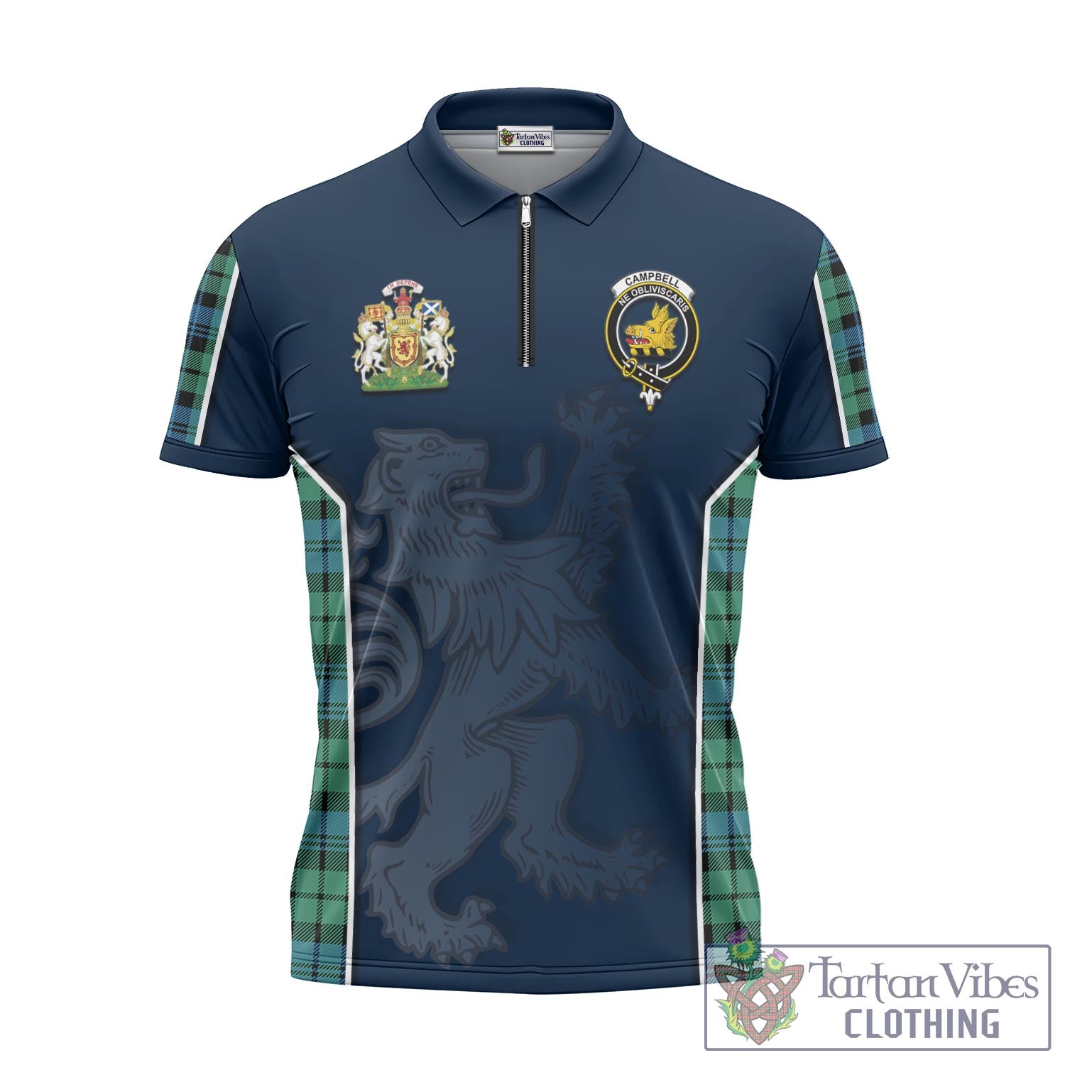 Tartan Vibes Clothing Campbell Ancient 01 Tartan Zipper Polo Shirt with Family Crest and Lion Rampant Vibes Sport Style