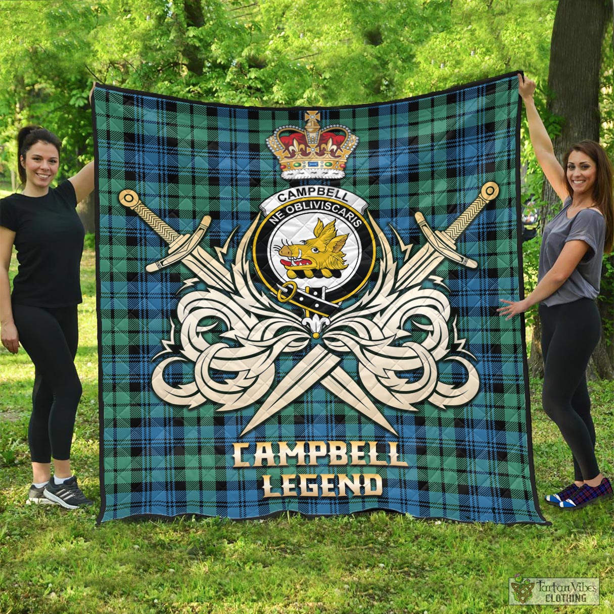 Tartan Vibes Clothing Campbell Ancient 01 Tartan Quilt with Clan Crest and the Golden Sword of Courageous Legacy