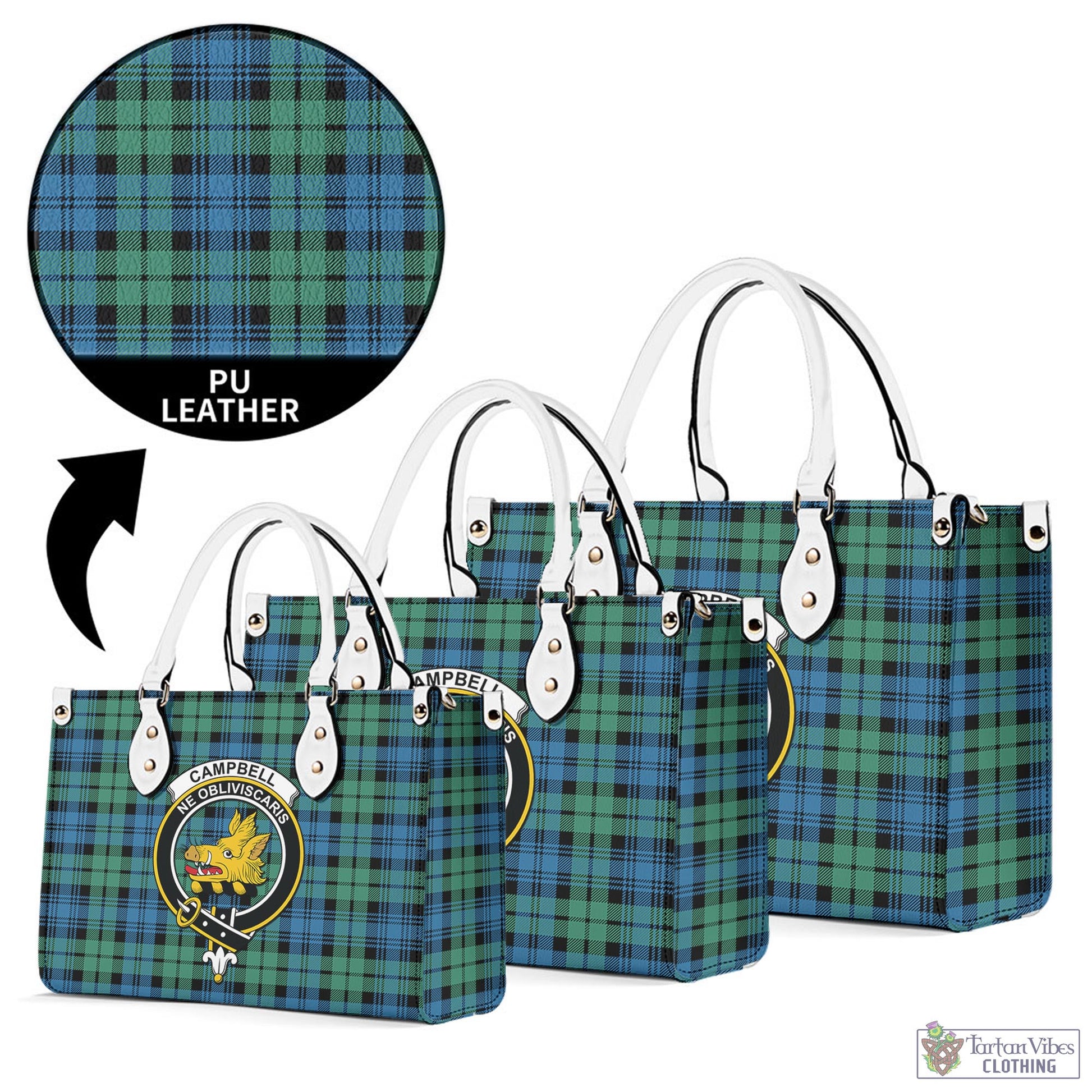 Tartan Vibes Clothing Campbell Ancient 01 Tartan Luxury Leather Handbags with Family Crest