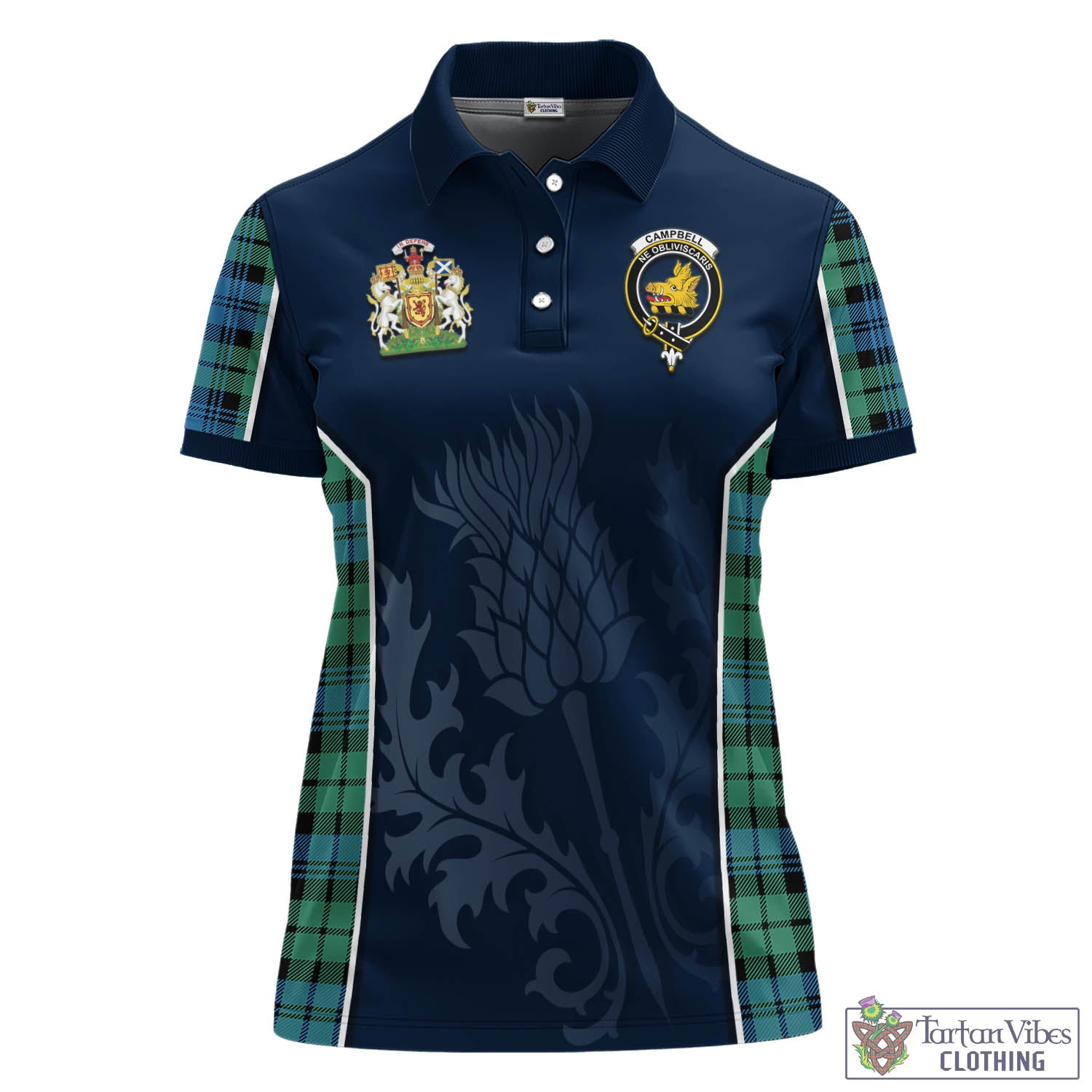 Tartan Vibes Clothing Campbell Ancient 01 Tartan Women's Polo Shirt with Family Crest and Scottish Thistle Vibes Sport Style