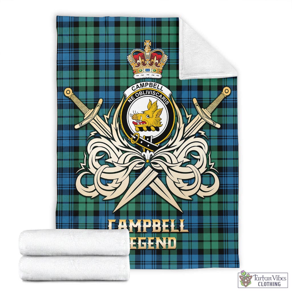 Tartan Vibes Clothing Campbell Ancient 01 Tartan Blanket with Clan Crest and the Golden Sword of Courageous Legacy