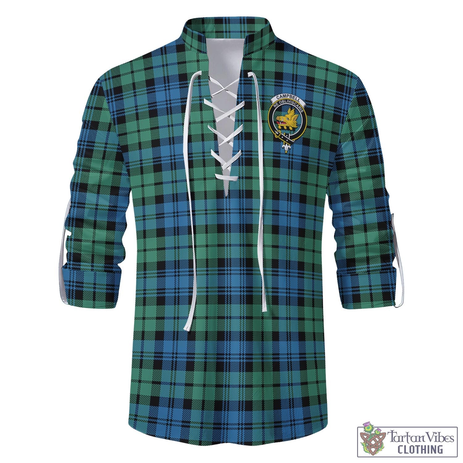 Tartan Vibes Clothing Campbell Ancient 01 Tartan Men's Scottish Traditional Jacobite Ghillie Kilt Shirt with Family Crest