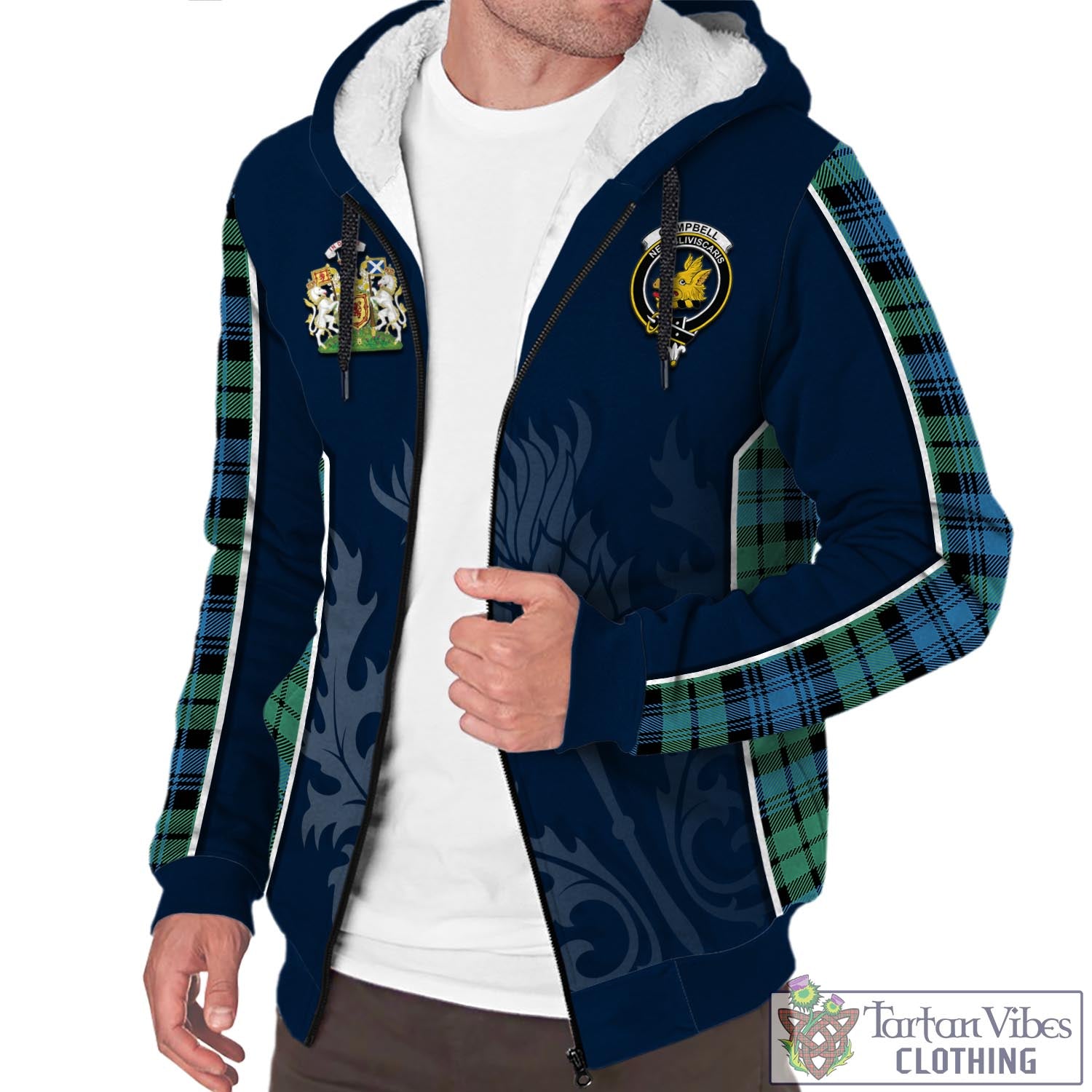 Tartan Vibes Clothing Campbell Ancient 01 Tartan Sherpa Hoodie with Family Crest and Scottish Thistle Vibes Sport Style