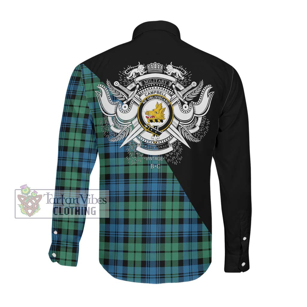 Tartan Vibes Clothing Campbell Ancient 01 Tartan Long Sleeve Button Shirt with Family Crest and Military Logo Style