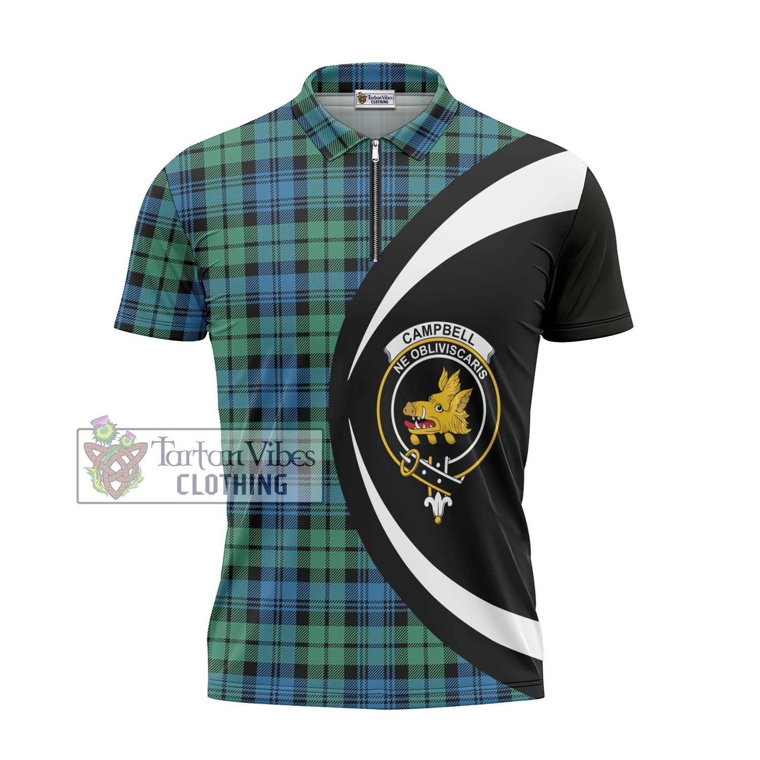 Tartan Vibes Clothing Campbell Ancient 01 Tartan Zipper Polo Shirt with Family Crest Circle Style