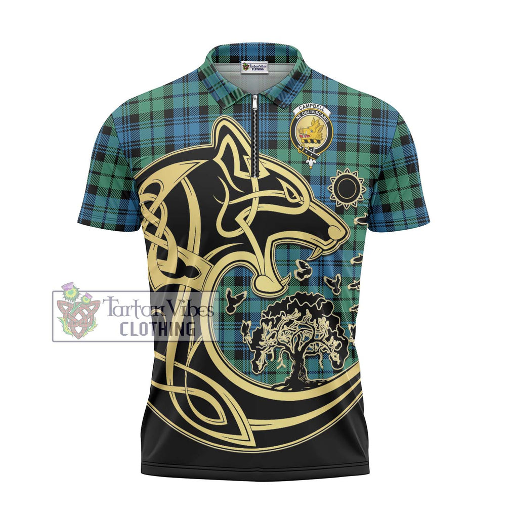 Campbell Ancient 01 Tartan Zipper Polo Shirt with Family Crest Celtic Wolf Style - Tartanvibesclothing Shop