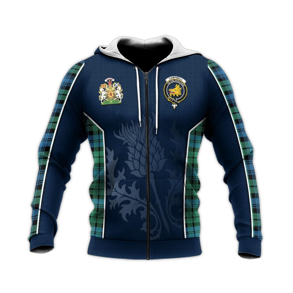 Tartan Vibes Clothing Campbell Ancient 01 Tartan Knitted Hoodie with Family Crest and Scottish Thistle Vibes Sport Style