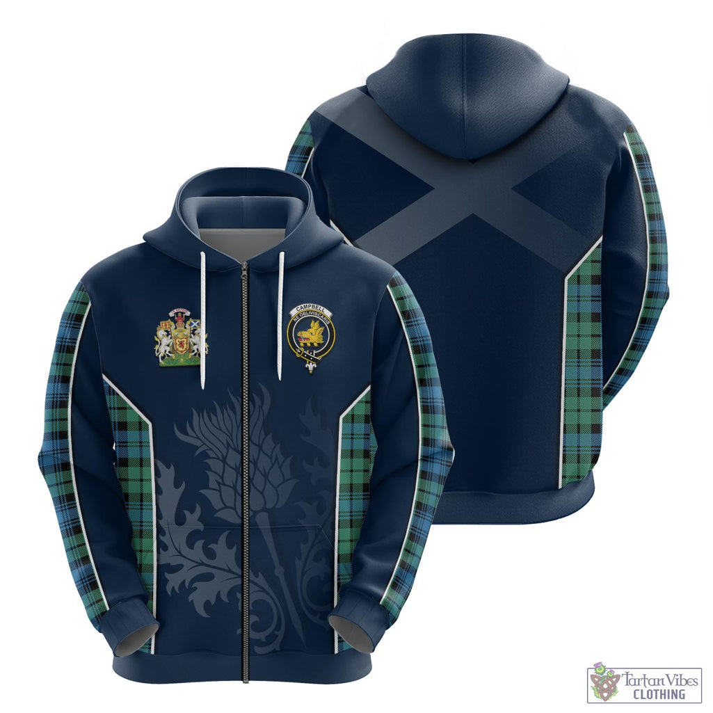 Tartan Vibes Clothing Campbell Ancient 01 Tartan Hoodie with Family Crest and Scottish Thistle Vibes Sport Style