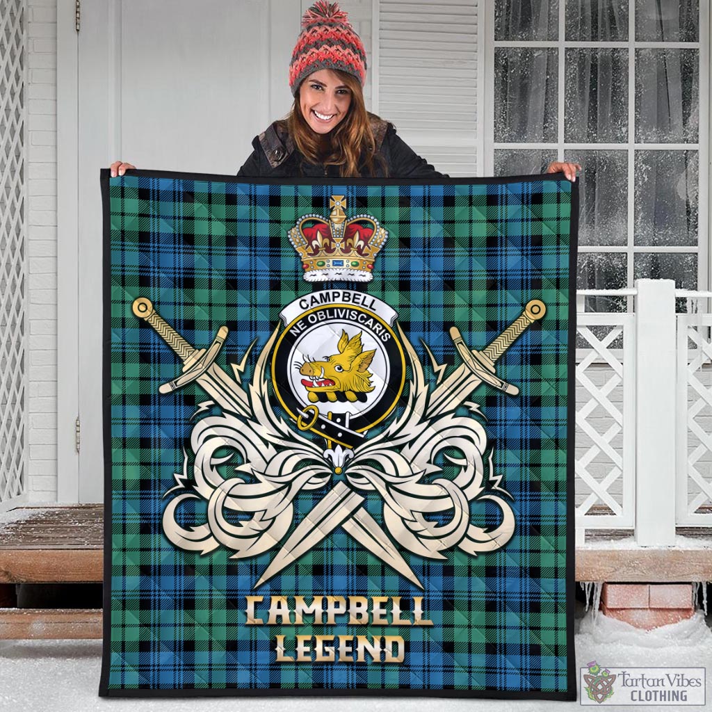 Tartan Vibes Clothing Campbell Ancient 01 Tartan Quilt with Clan Crest and the Golden Sword of Courageous Legacy