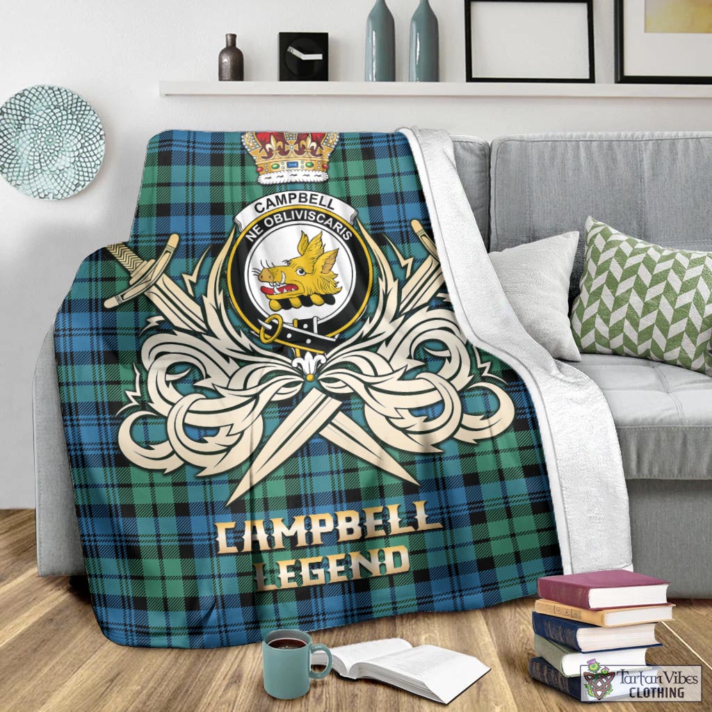 Tartan Vibes Clothing Campbell Ancient 01 Tartan Blanket with Clan Crest and the Golden Sword of Courageous Legacy