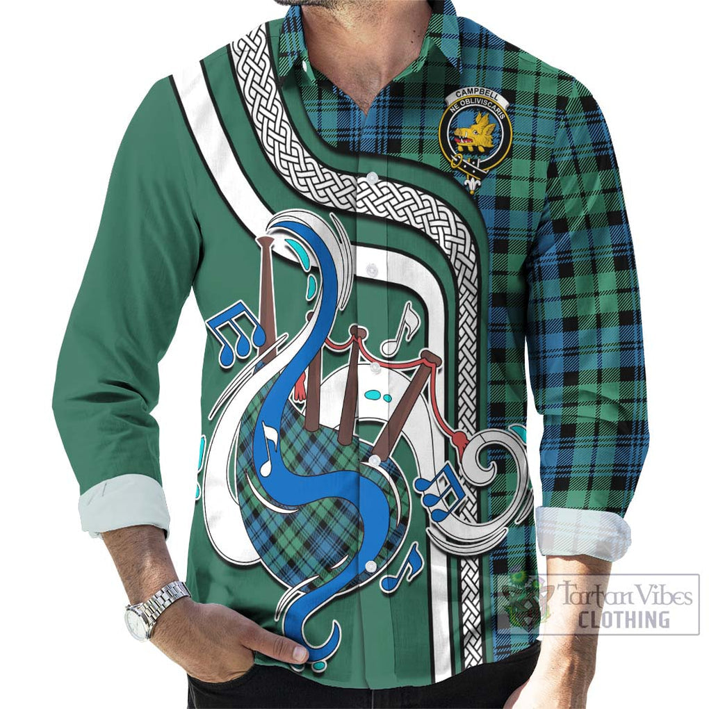 Campbell Ancient 01 Tartan Long Sleeve Button Shirt with Epic Bagpipe Style - Tartanvibesclothing Shop