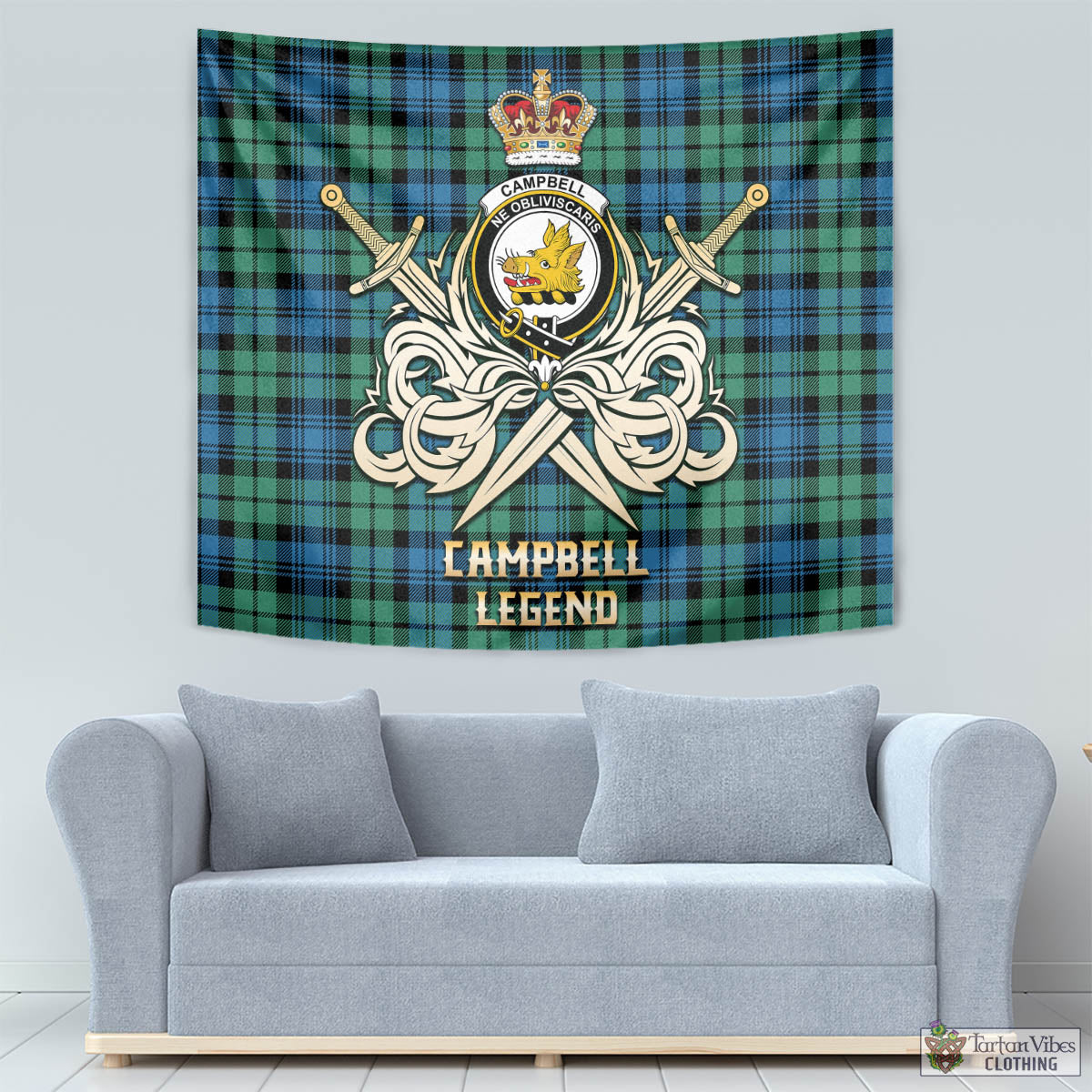 Tartan Vibes Clothing Campbell Ancient 01 Tartan Tapestry with Clan Crest and the Golden Sword of Courageous Legacy