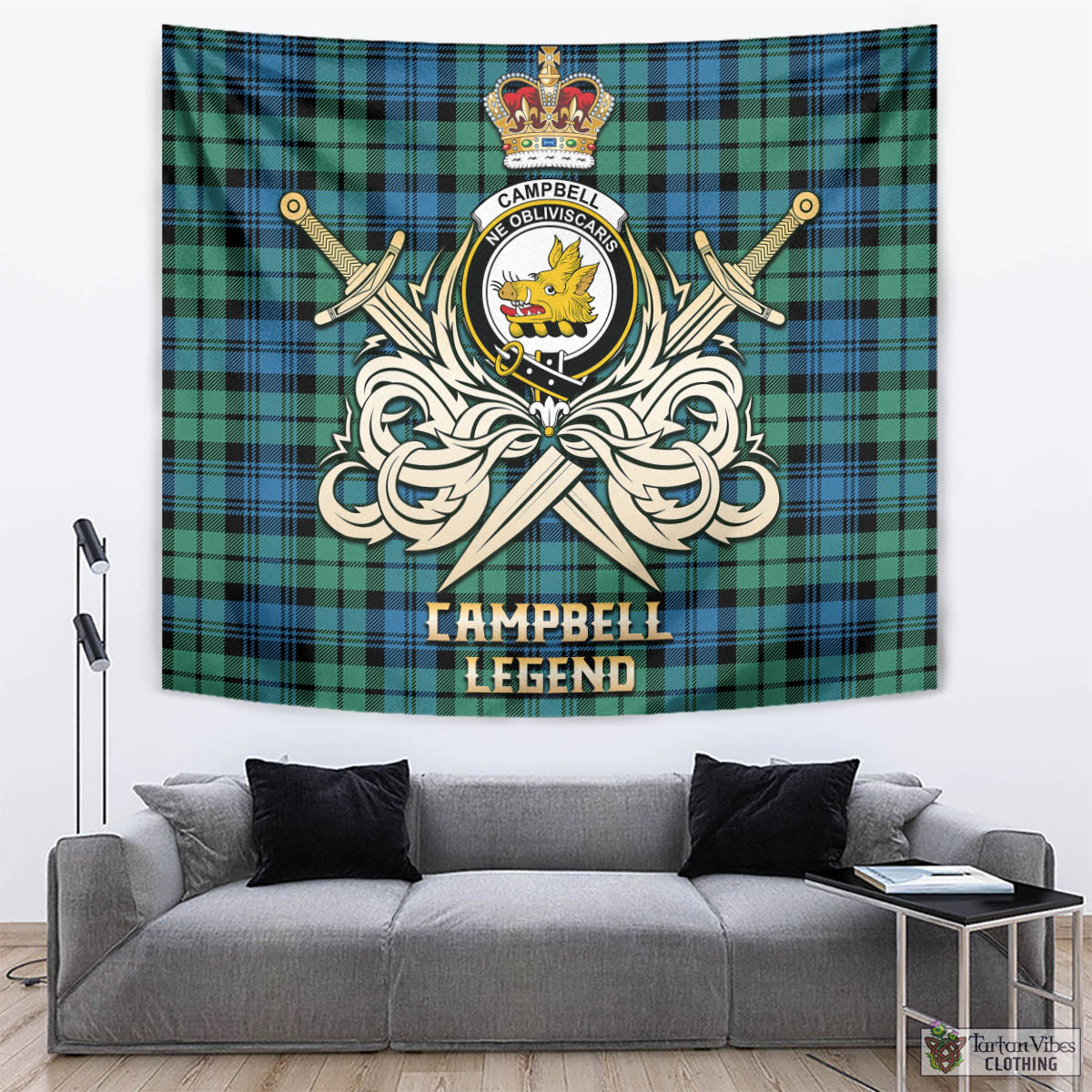 Tartan Vibes Clothing Campbell Ancient 01 Tartan Tapestry with Clan Crest and the Golden Sword of Courageous Legacy