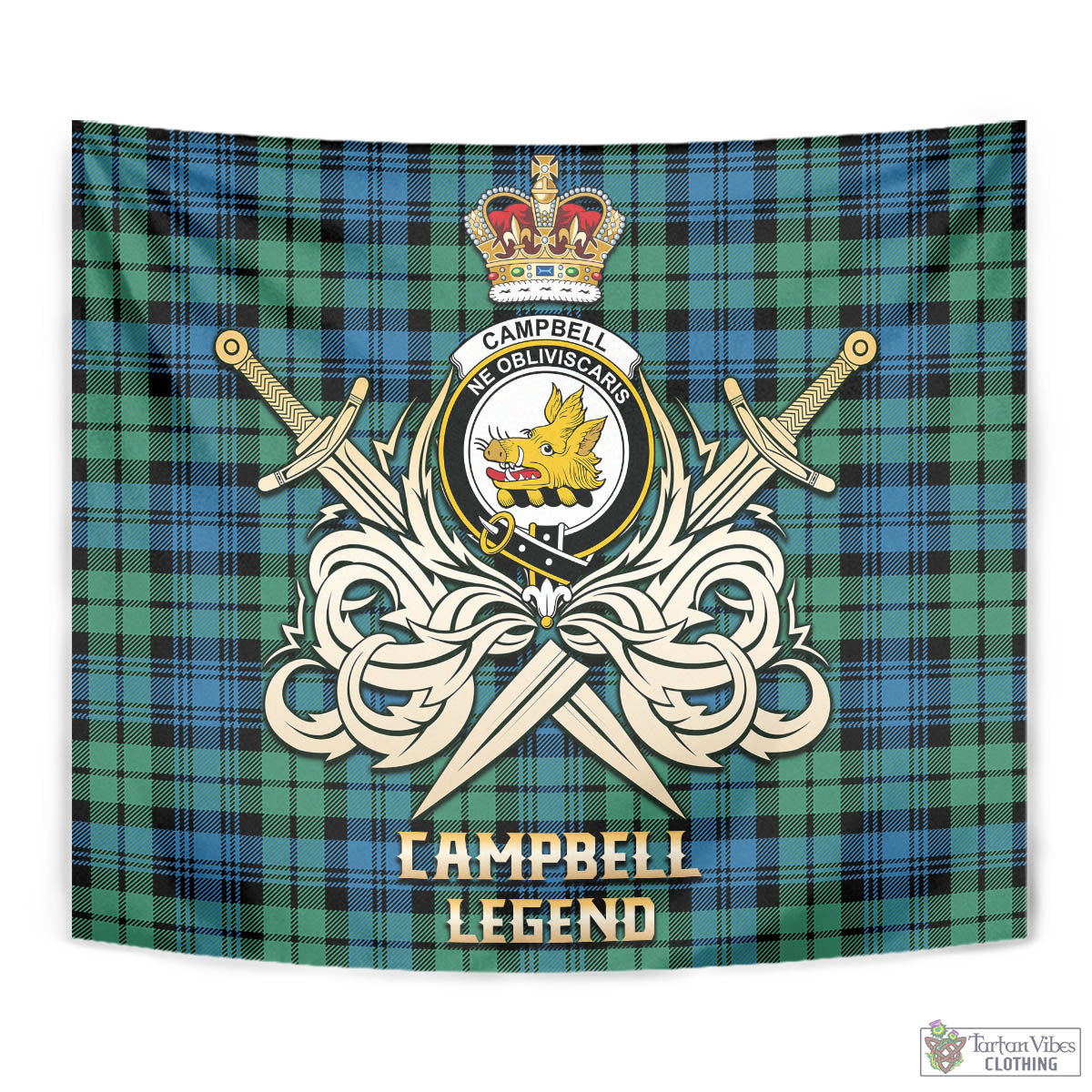 Tartan Vibes Clothing Campbell Ancient 01 Tartan Tapestry with Clan Crest and the Golden Sword of Courageous Legacy