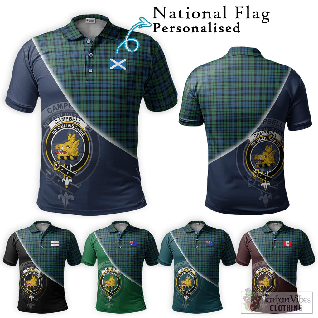 Campbell Ancient 02 Tartan Polo Shirt with Personalised National Flag and Family Crest Half Style Maroon - Tartanvibesclothing Shop