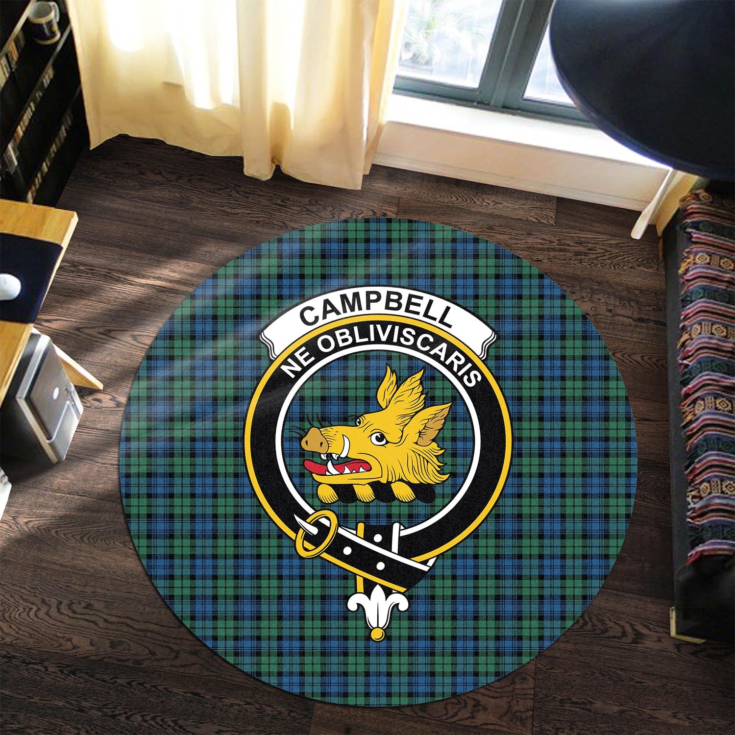 Campbell Ancient 02 Tartan Round Rug with Family Crest - Tartanvibesclothing