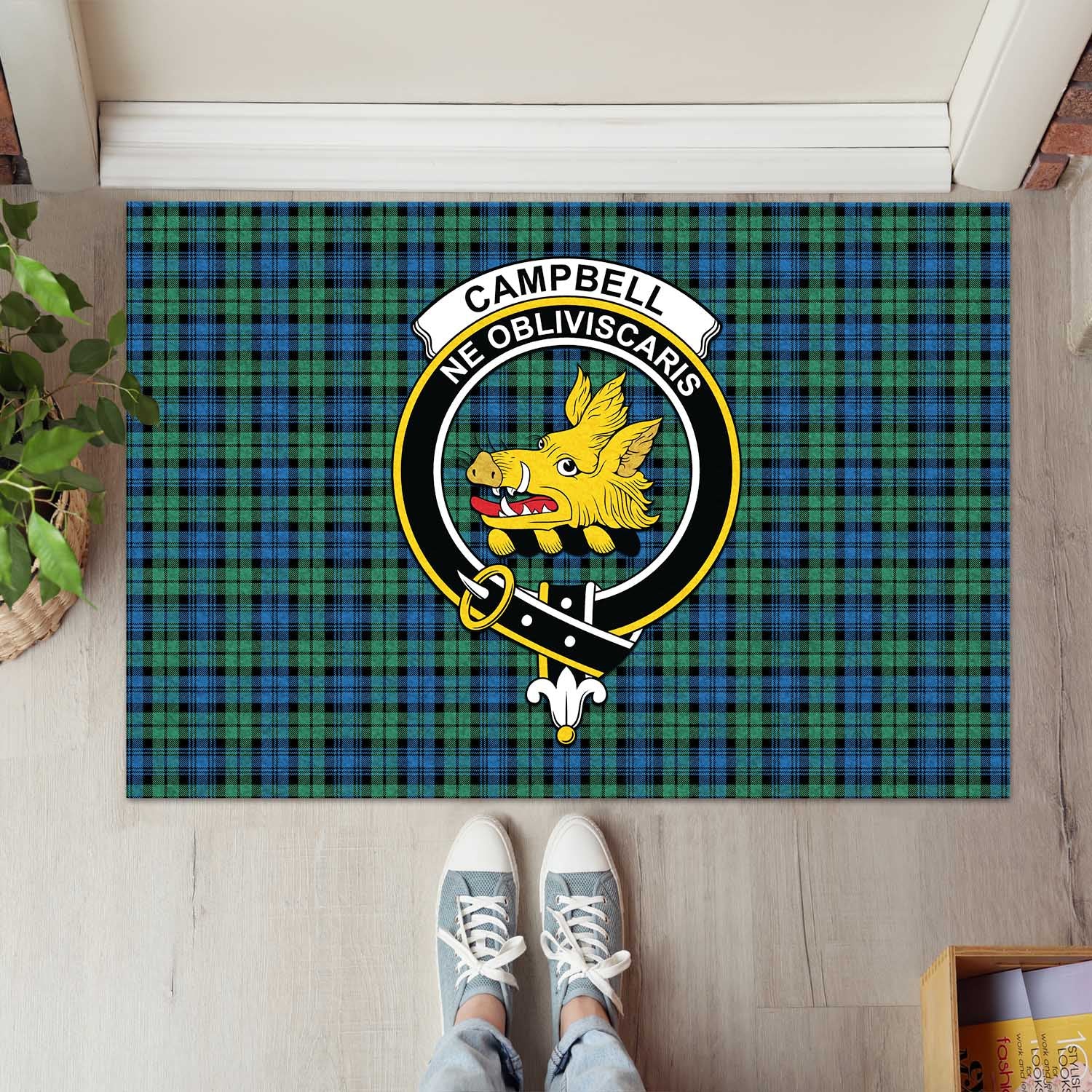 Campbell Ancient 02 Tartan Door Mat with Family Crest - Tartanvibesclothing