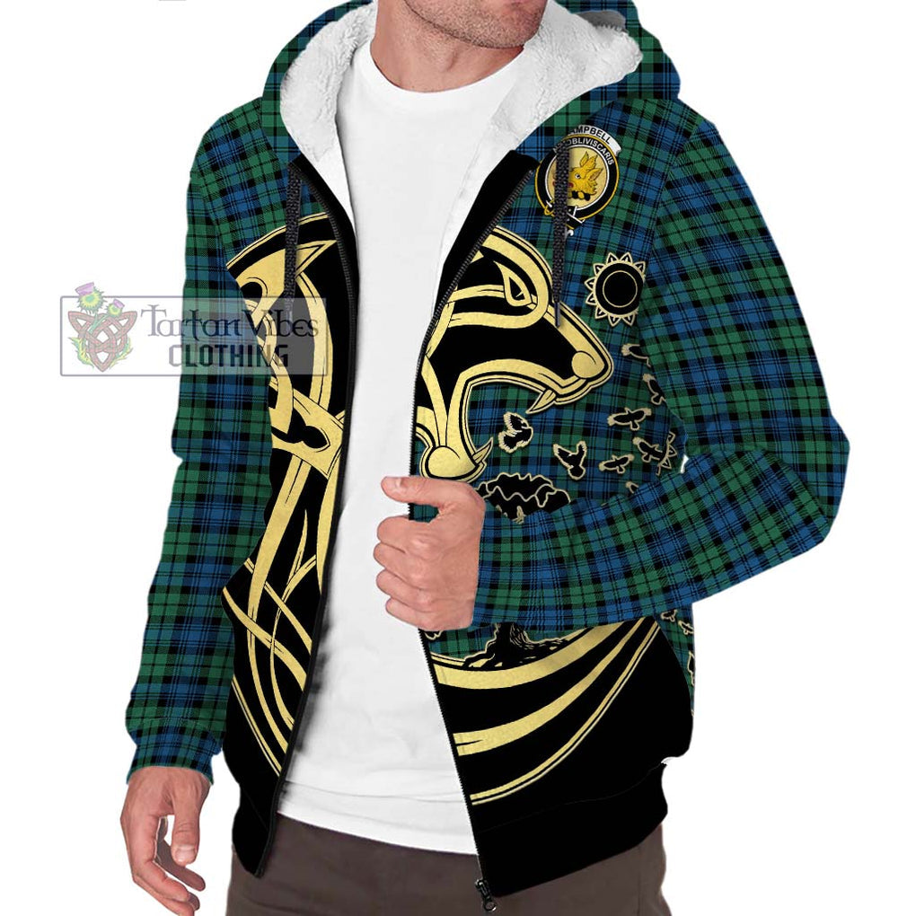 Campbell Ancient 02 Tartan Sherpa Hoodie with Family Crest Celtic Wolf Style Unisex S - Tartan Vibes Clothing