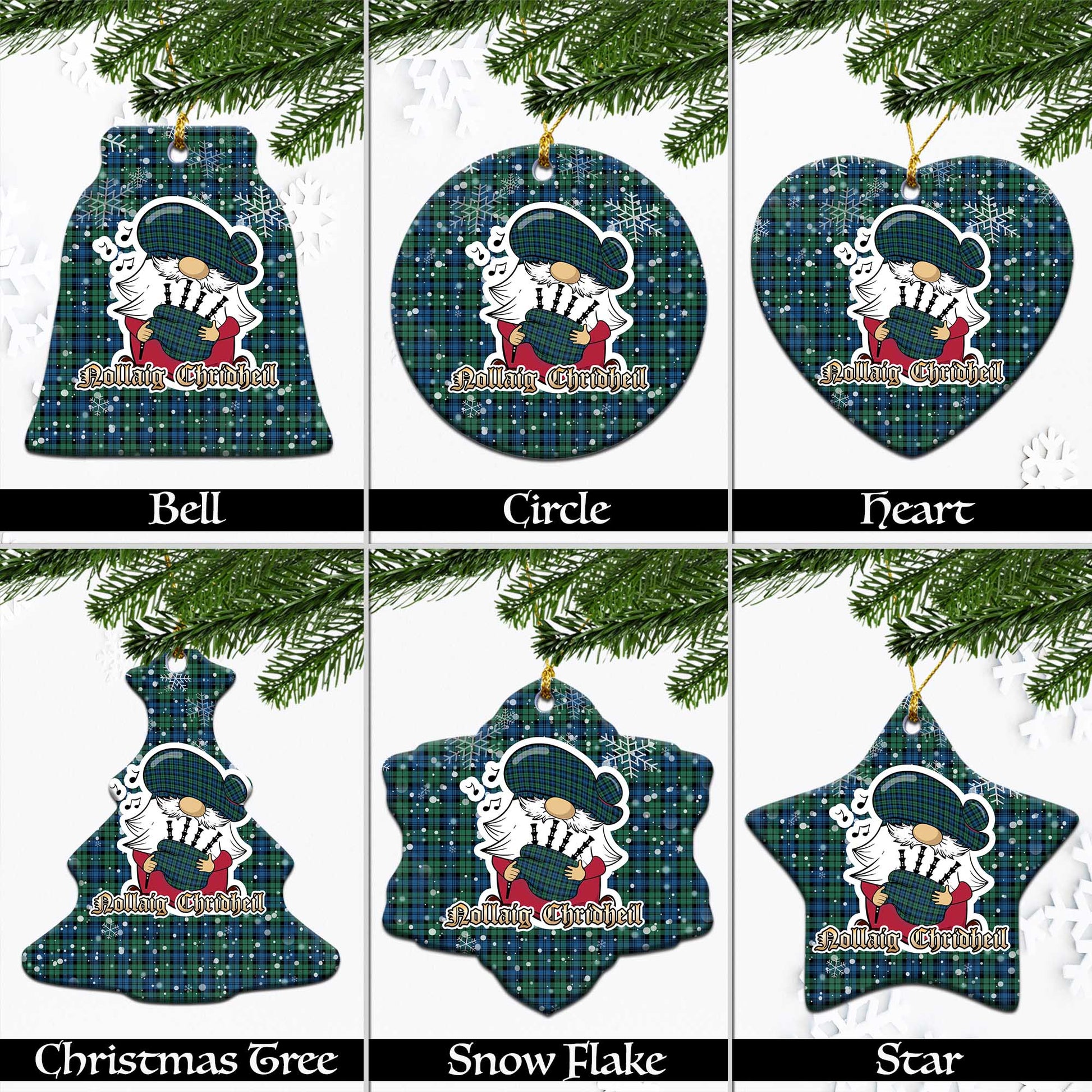 Campbell Ancient #02 Tartan Christmas Ornaments with Scottish Gnome Playing Bagpipes Ceramic - Tartanvibesclothing Shop