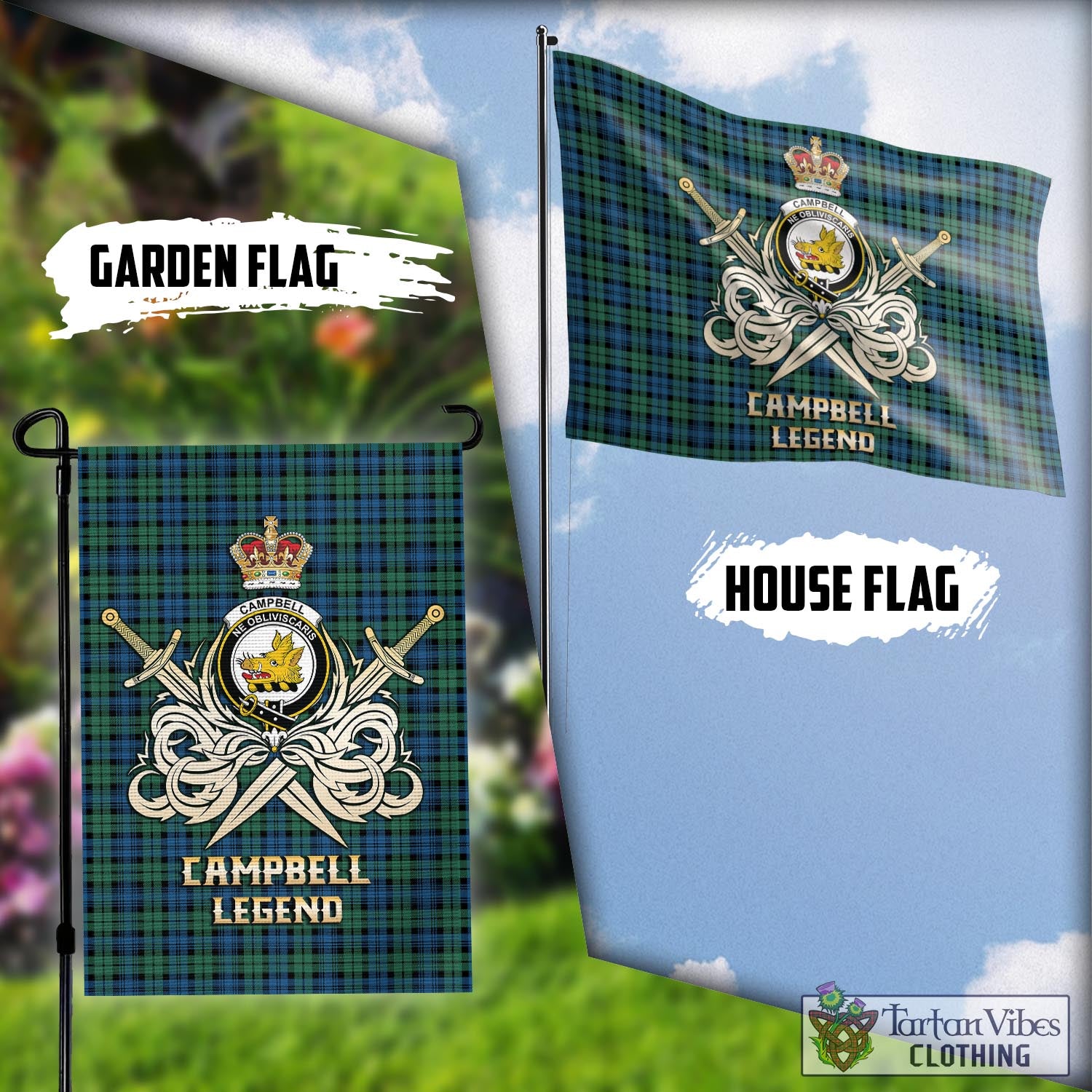 Tartan Vibes Clothing Campbell Ancient 02 Tartan Flag with Clan Crest and the Golden Sword of Courageous Legacy