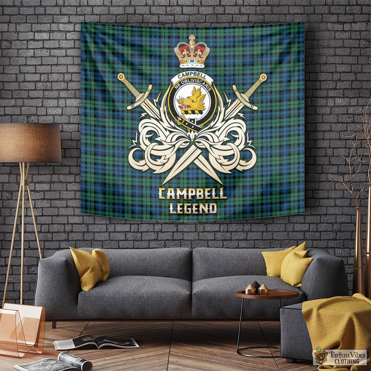 Tartan Vibes Clothing Campbell Ancient 02 Tartan Tapestry with Clan Crest and the Golden Sword of Courageous Legacy