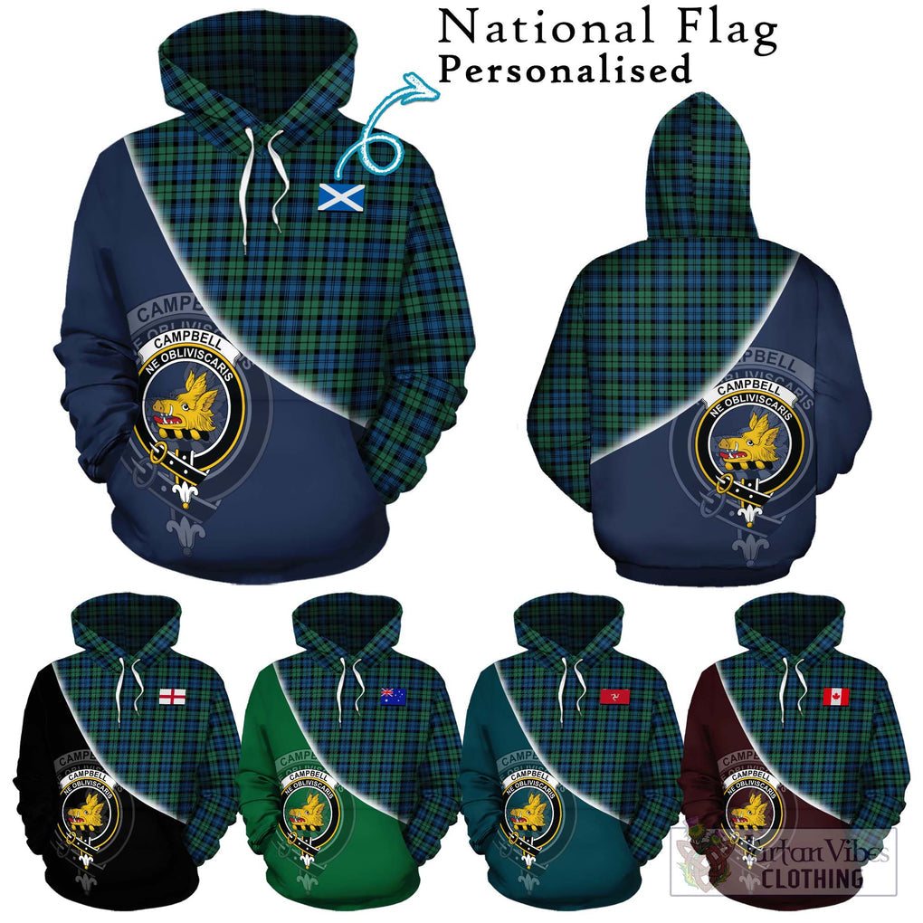 Campbell Ancient 02 Tartan Hoodie with Personalised National Flag and Family Crest Half Style Zip Hoodie - Tartanvibesclothing Shop