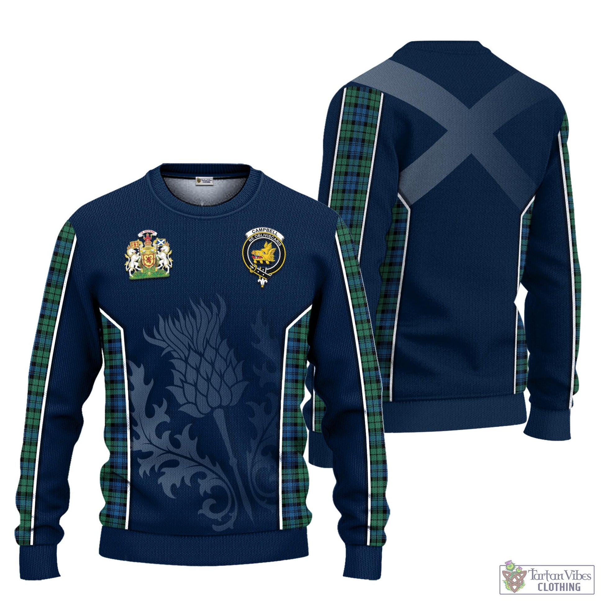 Tartan Vibes Clothing Campbell Ancient 02 Tartan Knitted Sweatshirt with Family Crest and Scottish Thistle Vibes Sport Style