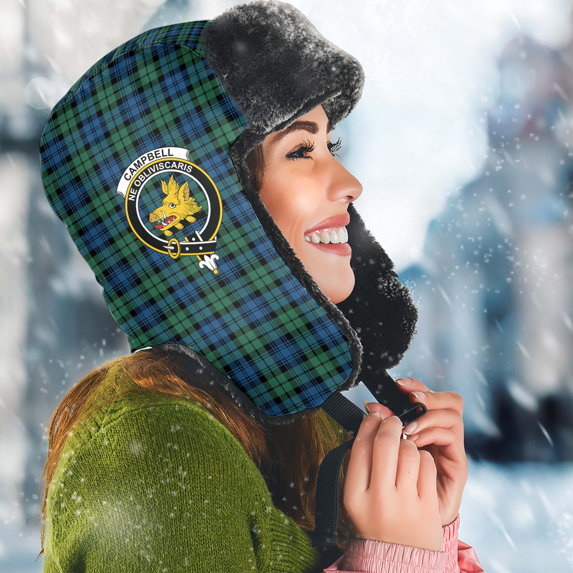 Campbell Ancient 02 Tartan Winter Trapper Hat with Family Crest Winter Trapper Hat Universal Fit Circumference 22.8in (58cm) - Tartanvibesclothing