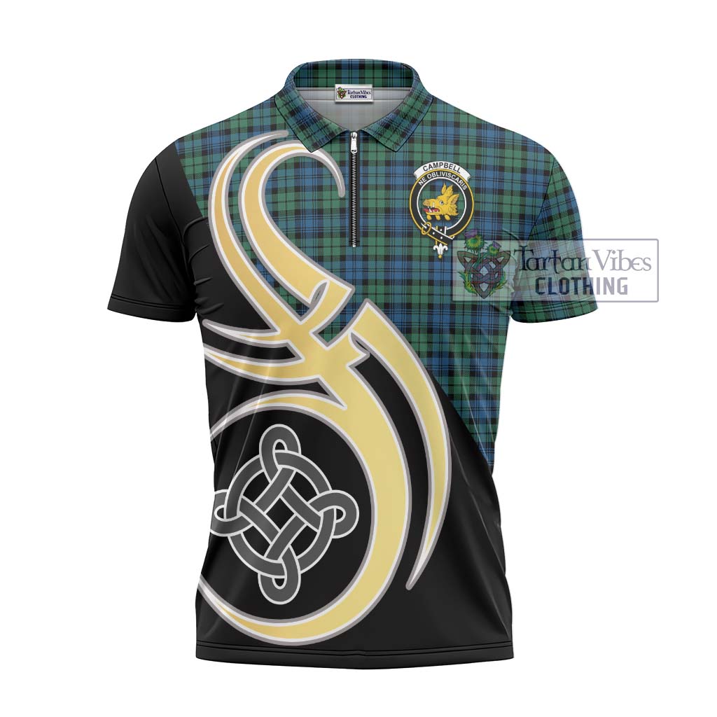 Tartan Vibes Clothing Campbell Ancient 02 Tartan Zipper Polo Shirt with Family Crest and Celtic Symbol Style