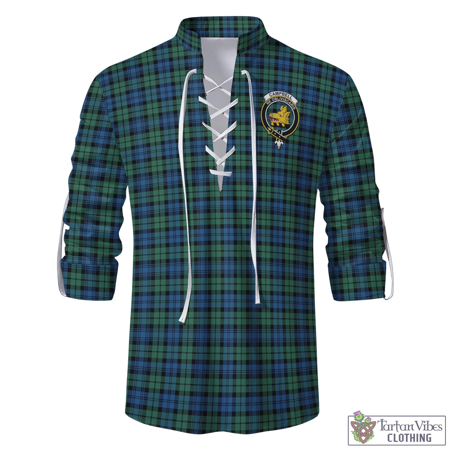 Tartan Vibes Clothing Campbell Ancient 02 Tartan Men's Scottish Traditional Jacobite Ghillie Kilt Shirt with Family Crest