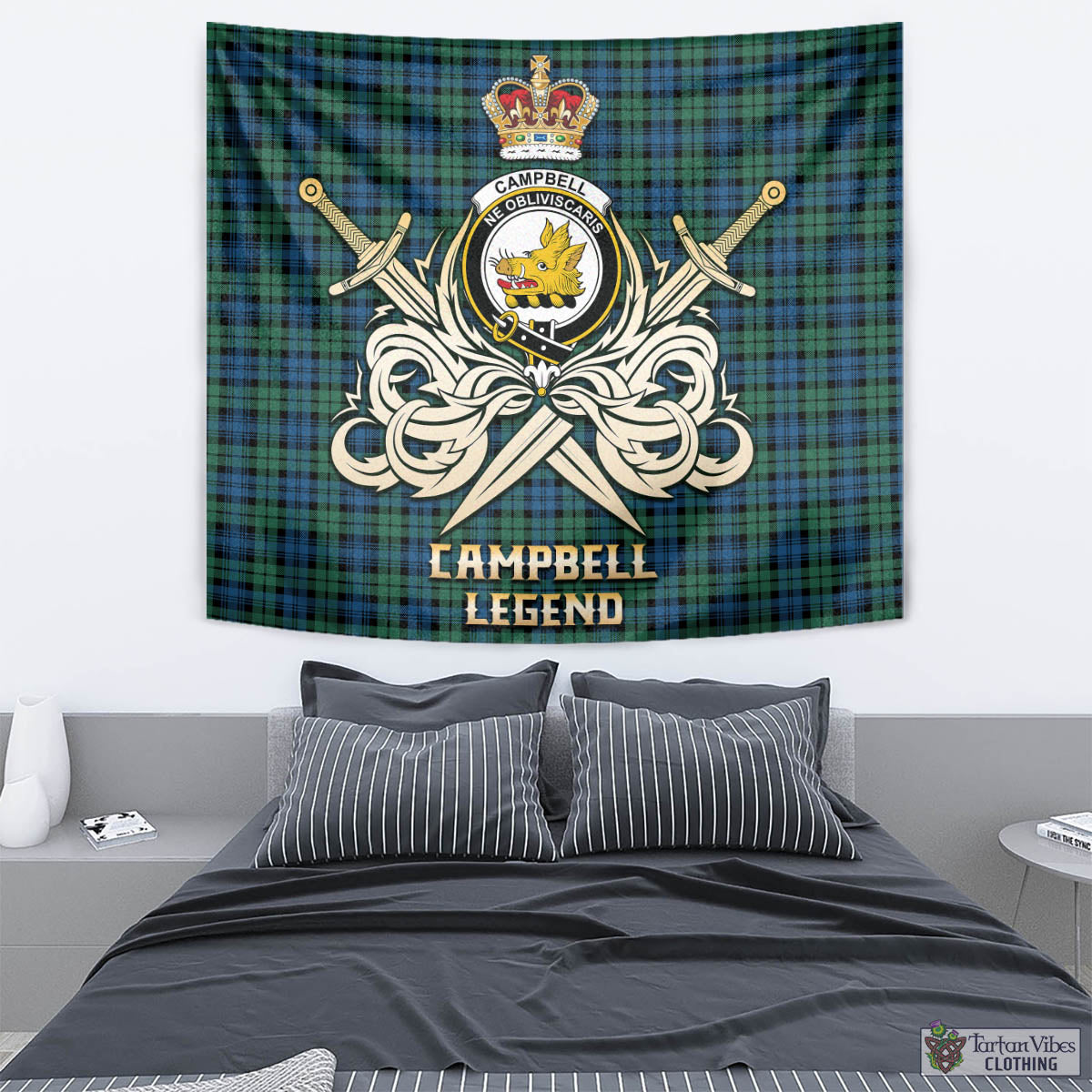 Tartan Vibes Clothing Campbell Ancient 02 Tartan Tapestry with Clan Crest and the Golden Sword of Courageous Legacy