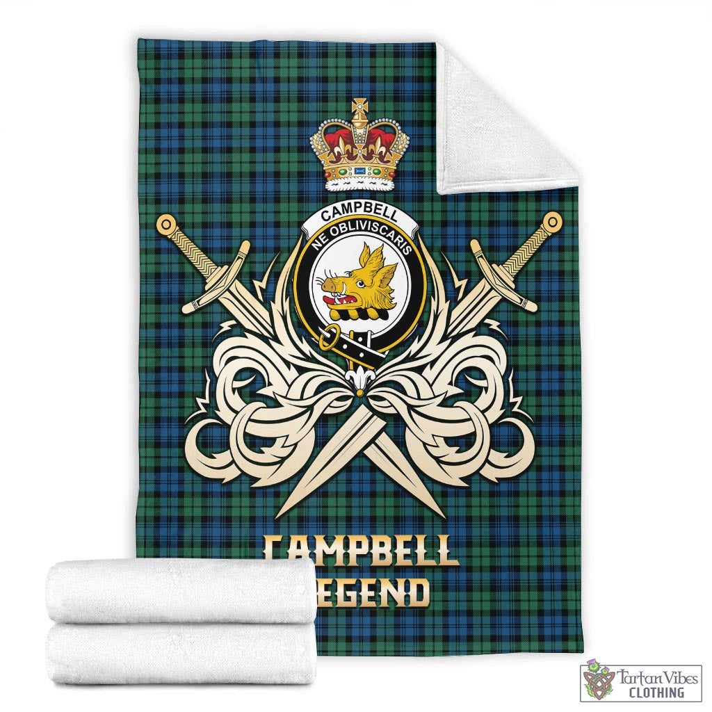 Tartan Vibes Clothing Campbell Ancient 02 Tartan Blanket with Clan Crest and the Golden Sword of Courageous Legacy