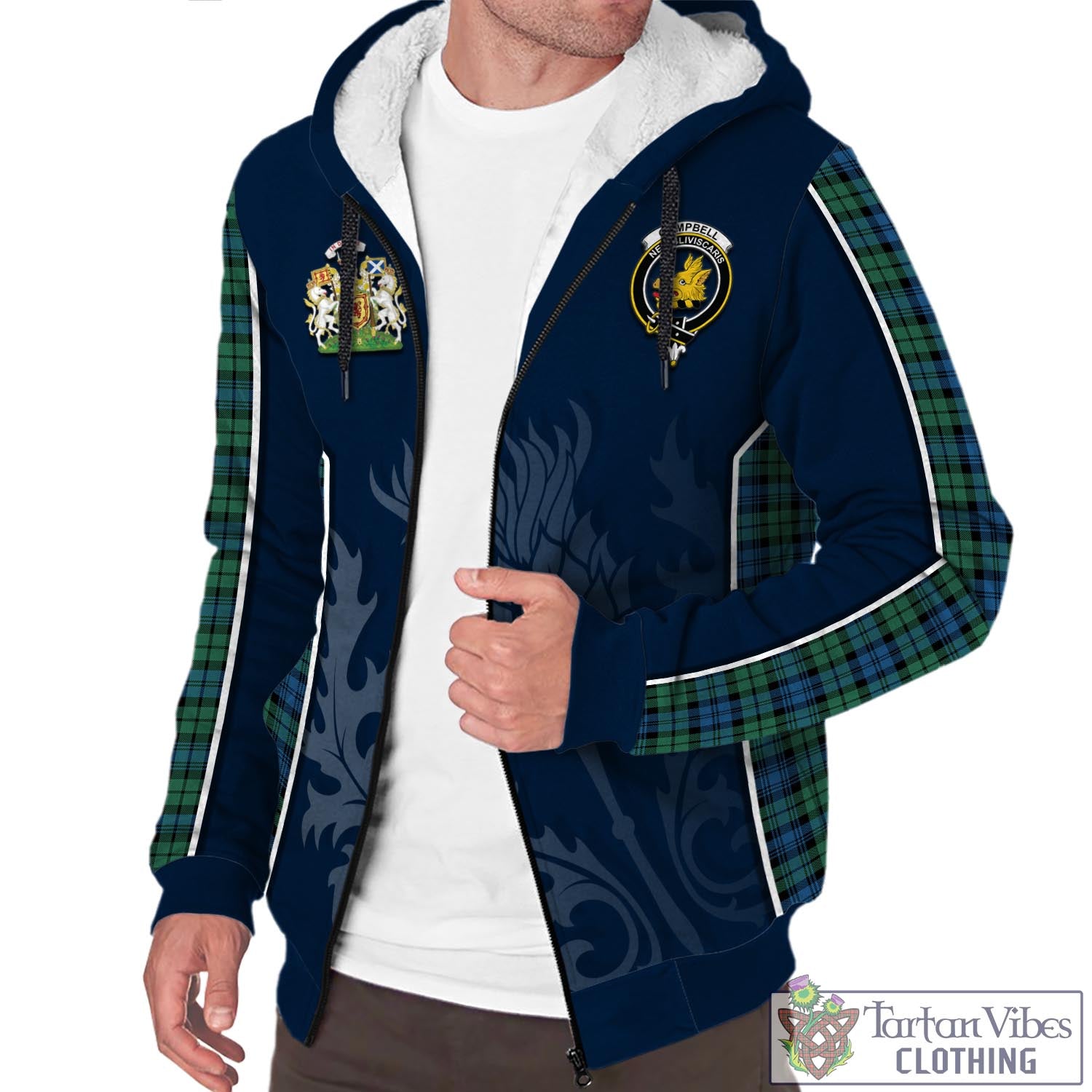 Tartan Vibes Clothing Campbell Ancient 02 Tartan Sherpa Hoodie with Family Crest and Scottish Thistle Vibes Sport Style