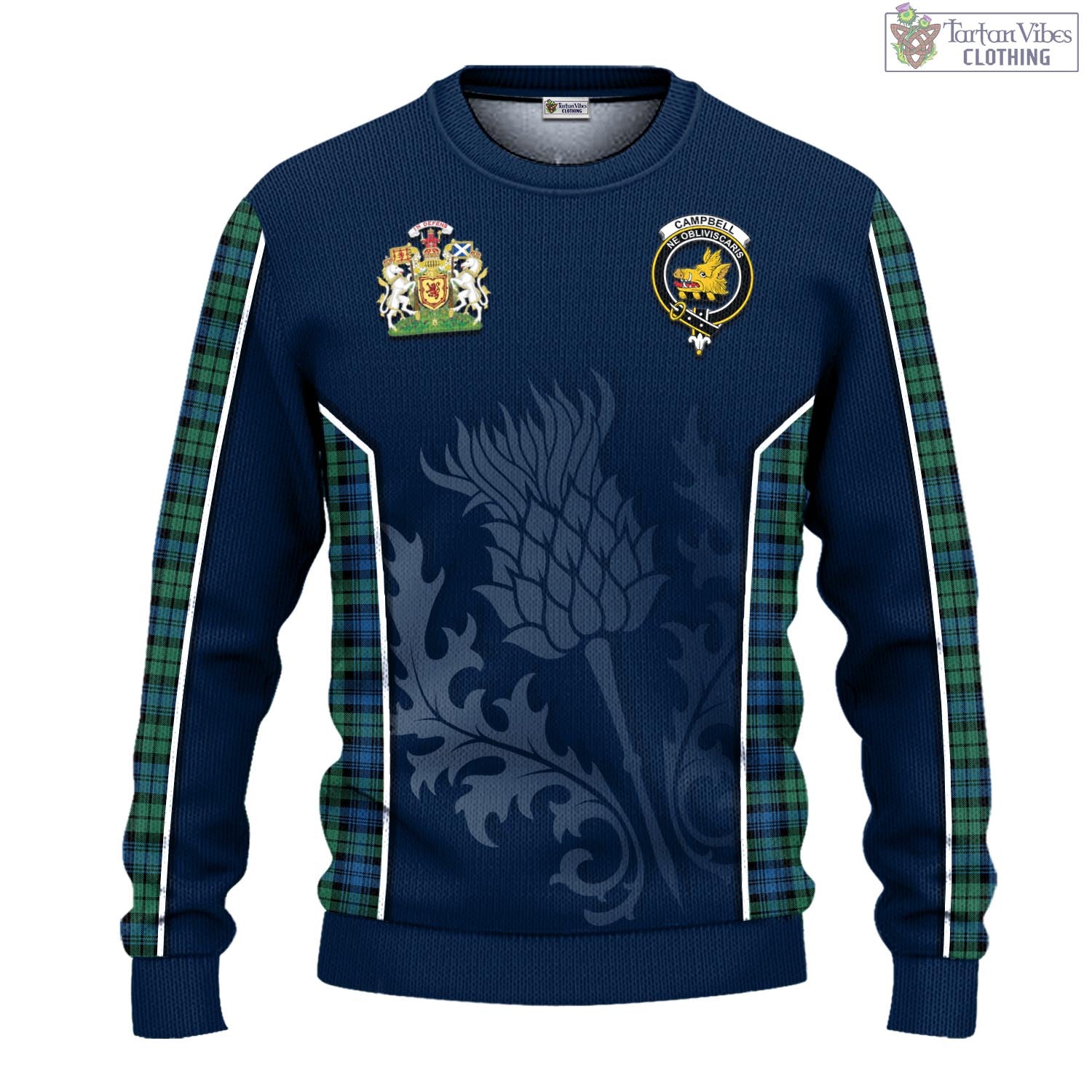 Tartan Vibes Clothing Campbell Ancient 02 Tartan Knitted Sweatshirt with Family Crest and Scottish Thistle Vibes Sport Style