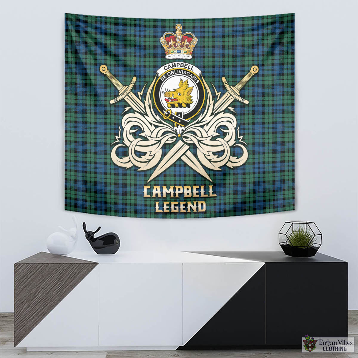 Tartan Vibes Clothing Campbell Ancient 02 Tartan Tapestry with Clan Crest and the Golden Sword of Courageous Legacy