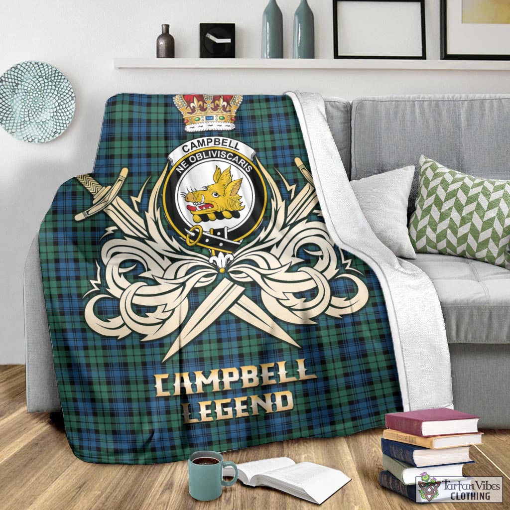 Tartan Vibes Clothing Campbell Ancient 02 Tartan Blanket with Clan Crest and the Golden Sword of Courageous Legacy