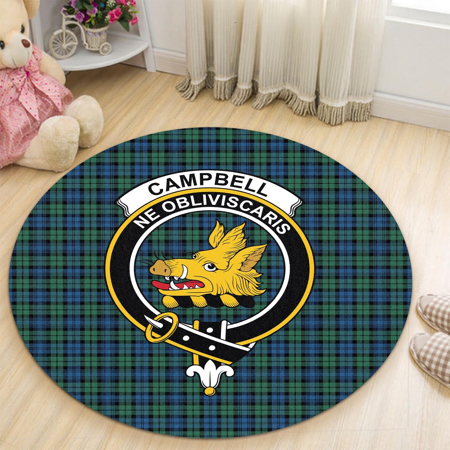 Campbell Ancient 02 Tartan Round Rug with Family Crest - Tartanvibesclothing