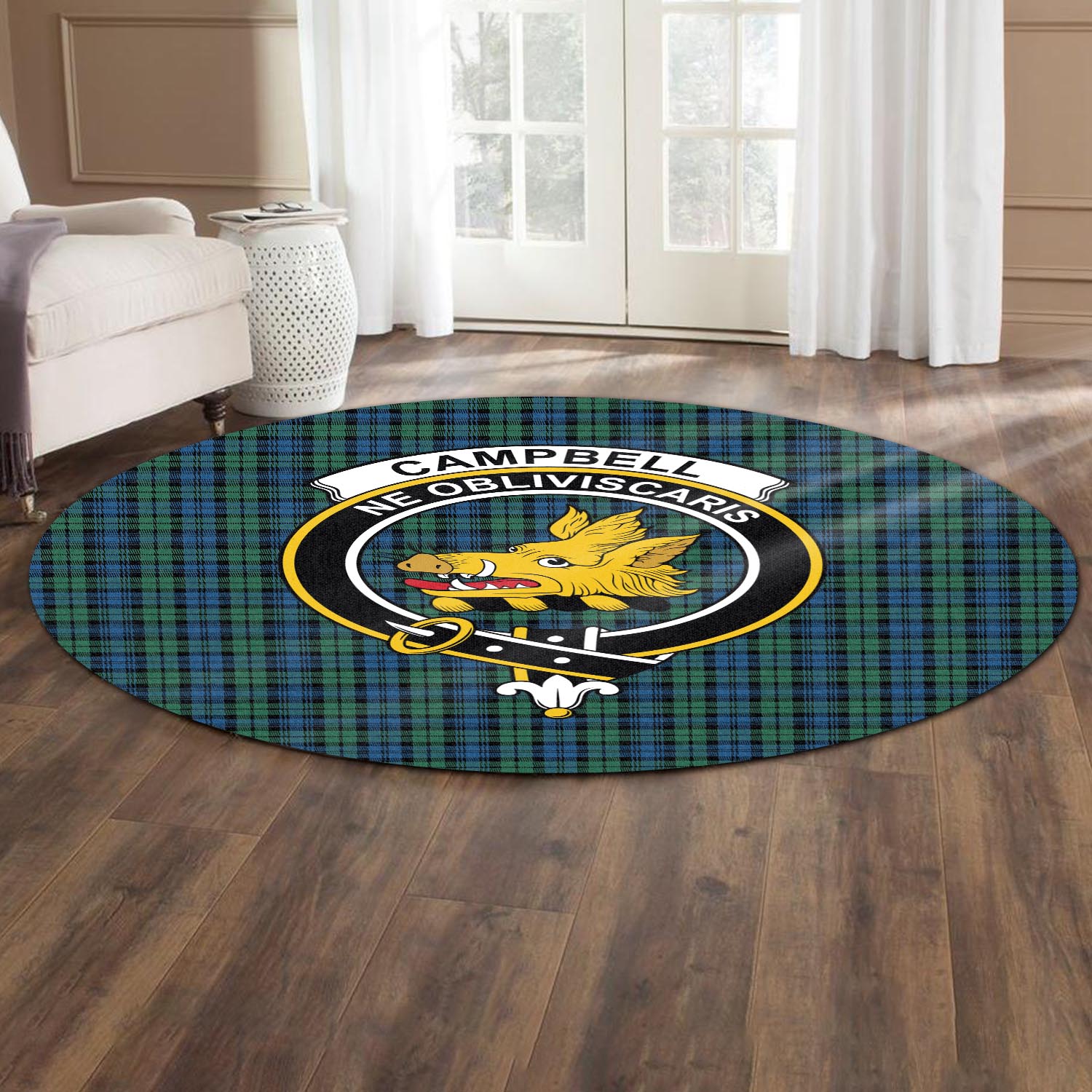 Campbell Ancient 02 Tartan Round Rug with Family Crest - Tartanvibesclothing