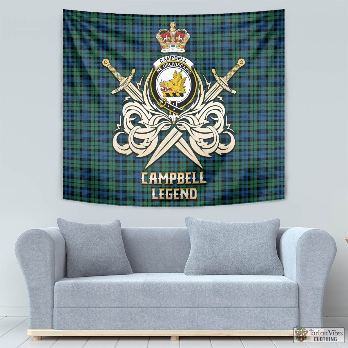 Tartan Vibes Clothing Campbell Ancient 02 Tartan Tapestry with Clan Crest and the Golden Sword of Courageous Legacy