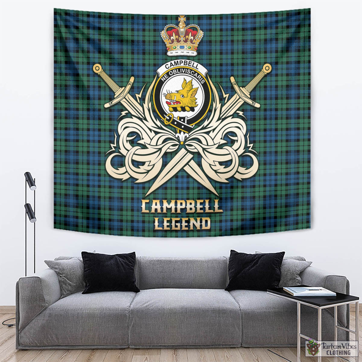 Tartan Vibes Clothing Campbell Ancient 02 Tartan Tapestry with Clan Crest and the Golden Sword of Courageous Legacy