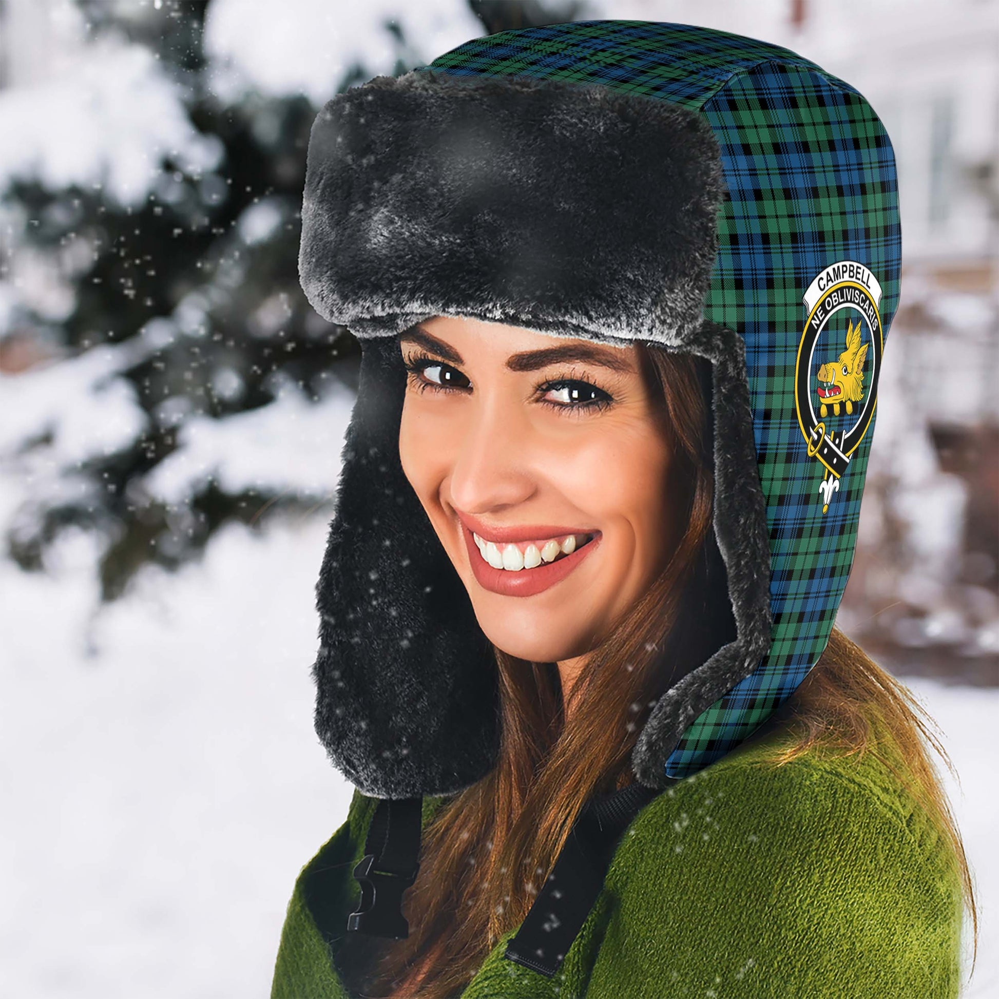 Campbell Ancient 02 Tartan Winter Trapper Hat with Family Crest - Tartanvibesclothing