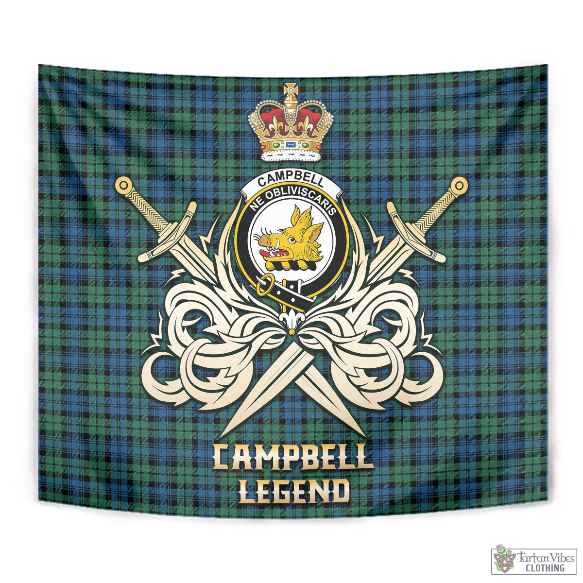 Tartan Vibes Clothing Campbell Ancient 02 Tartan Tapestry with Clan Crest and the Golden Sword of Courageous Legacy