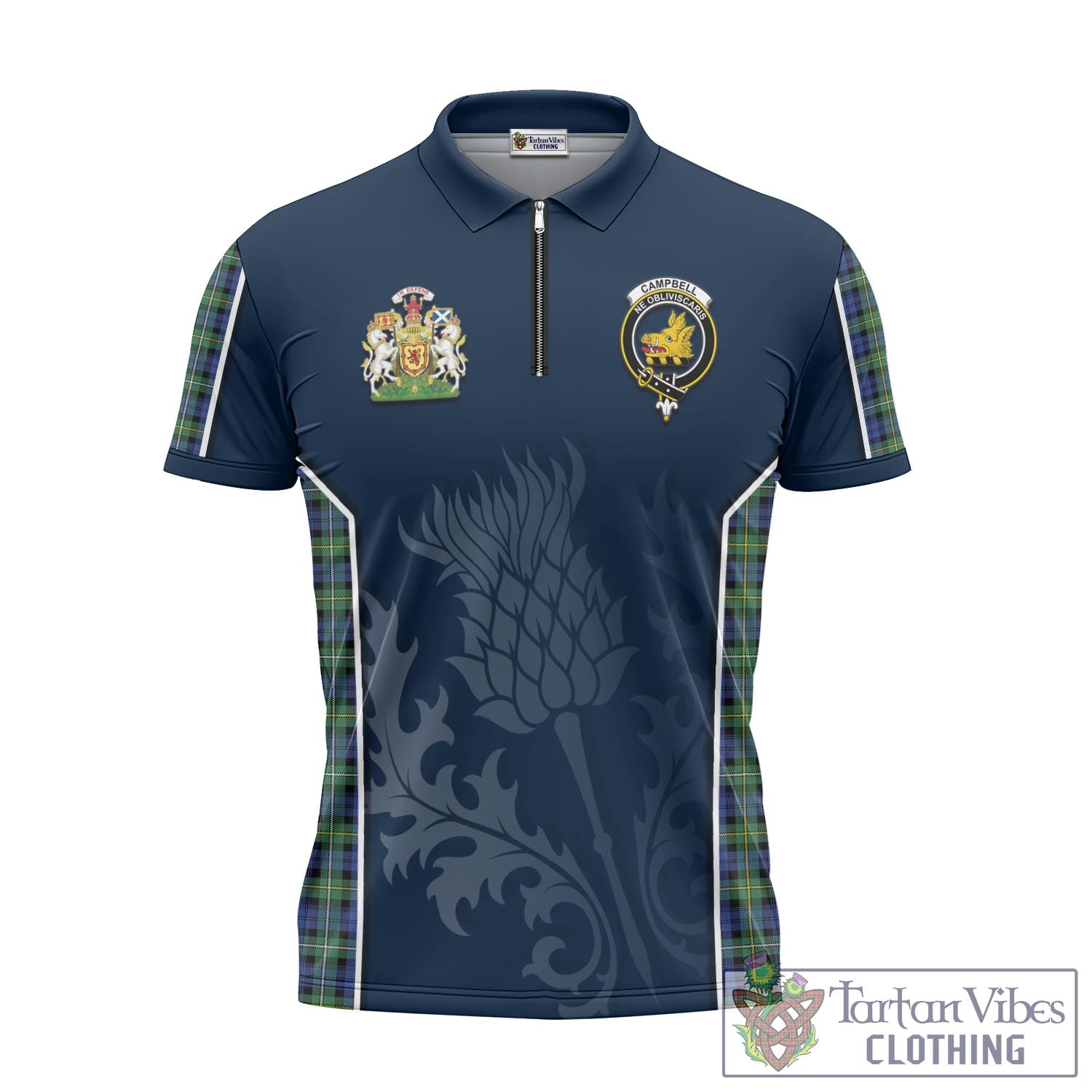 Tartan Vibes Clothing Campbell Argyll Ancient Tartan Zipper Polo Shirt with Family Crest and Scottish Thistle Vibes Sport Style